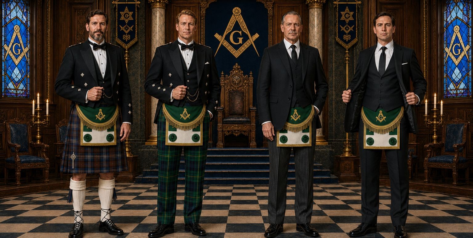 Brethren in Masonic dress — from Scottish Highland attire with kilt and tartan to the dark lounge suit of the Continental tradition