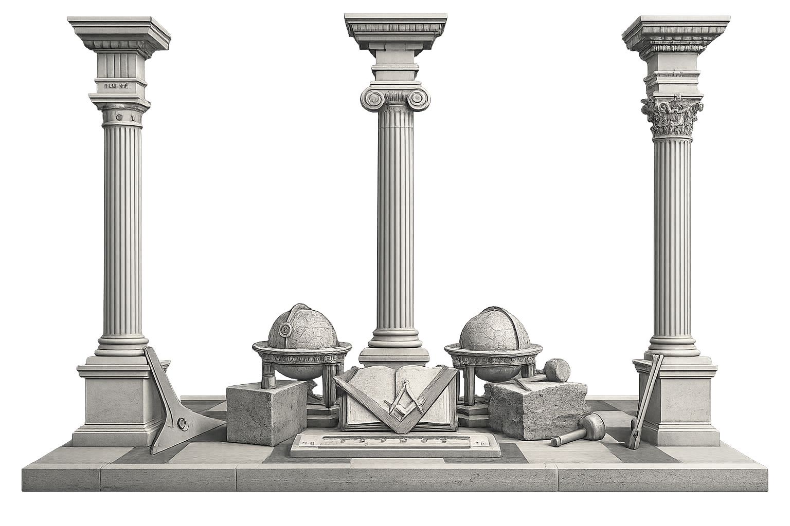 The three pillars of the Craft — Doric, Ionic and Corinthian — with the working tools, globes and Volume of the Sacred Law